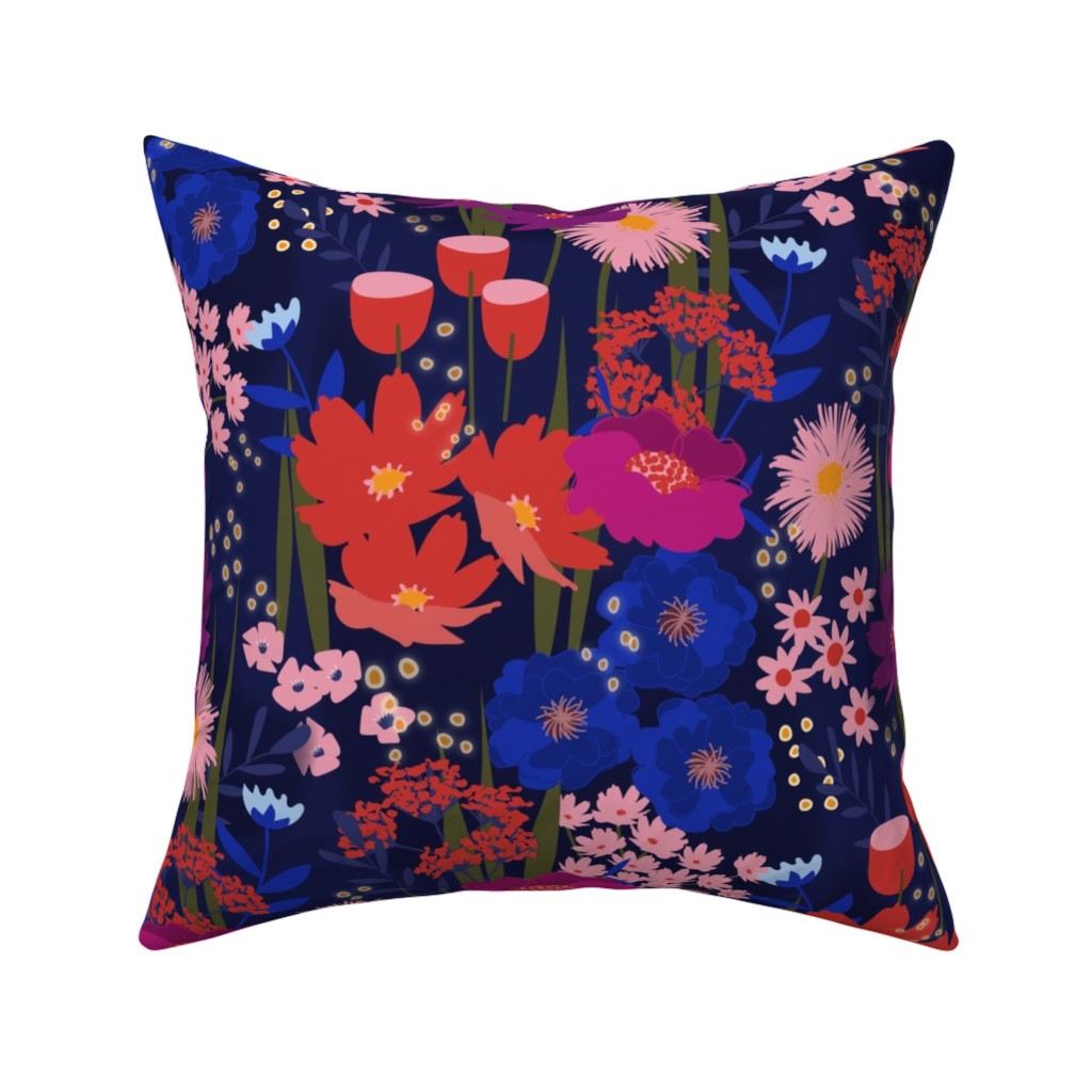 Summer Nights Floral - Dark Pillow, Woven, Black, 16x16, Single Sided, Multicolor