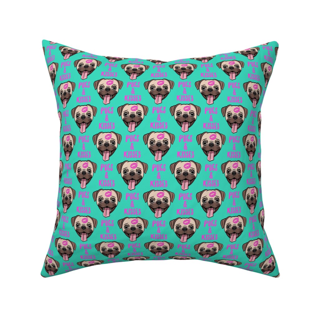 Pugs & Kisses - Cute Pug Dog - Teal Pillow, Woven, Black, 16x16, Single Sided, Green
