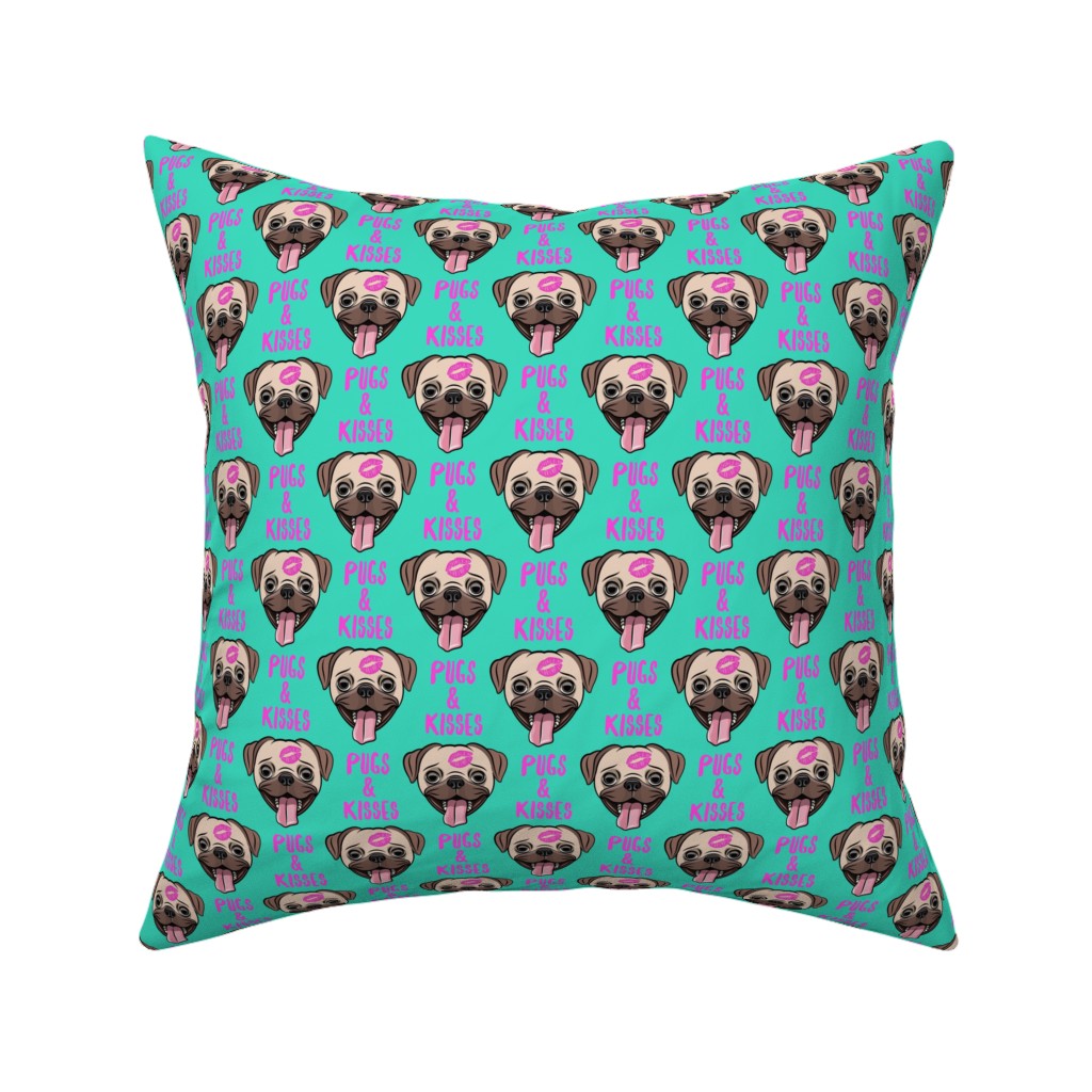 Pugs & Kisses - Cute Pug Dog - Teal Pillow, Woven, Black, 16x16, Single Sided, Green, Classic Green