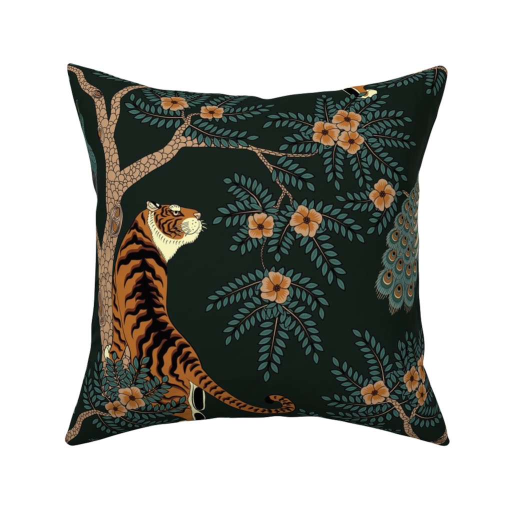Tiger and Peacock on Black Pillow, Woven, Black, 16x16, Single Sided, Black, Black