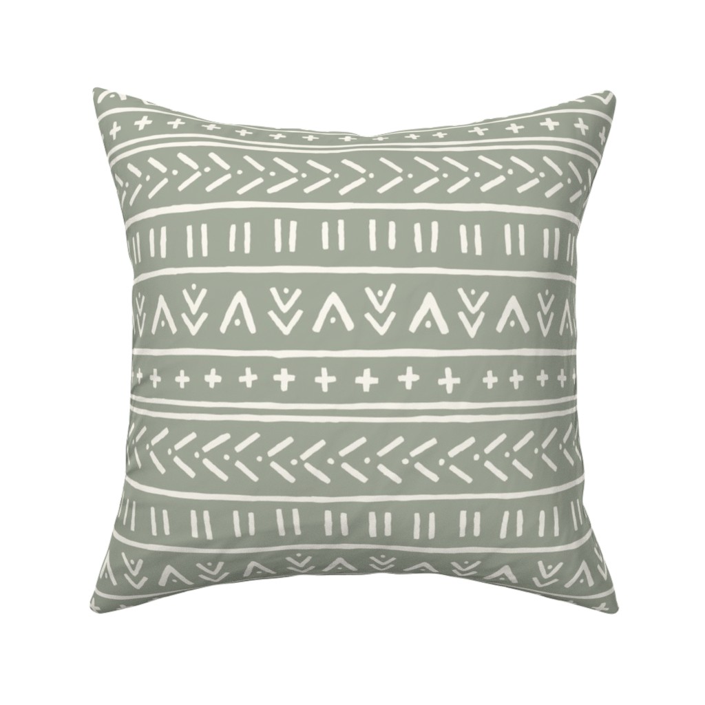 Organic Mudcloth - Bone on Desert Sage Pillow, Woven, Black, 16x16, Single Sided, Green