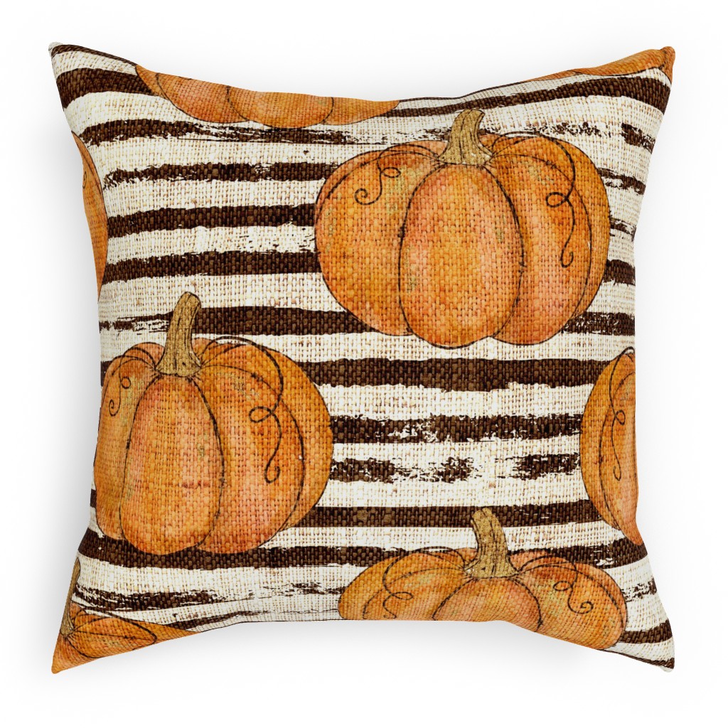 Painted Pumpkins on Distressed Stripes - Orange and Black Pillow, Woven, Beige, 18x18, Single Sided, Orange, Orange