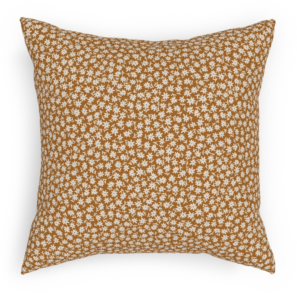 Ditsy Floral - Cream on Golden Mustard Brown Pillow, Woven, Beige, 18x18, Single Sided, Brown