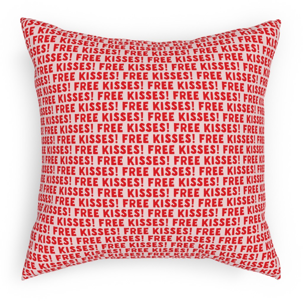 Free Kisses! - Red on Pink Pillow, Woven, Beige, 18x18, Single Sided, Red, Red