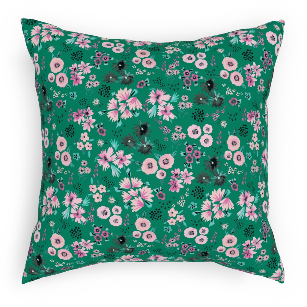 Artful Little Flowers - Green Pillow, Woven, Beige, 18x18, Single Sided, Green