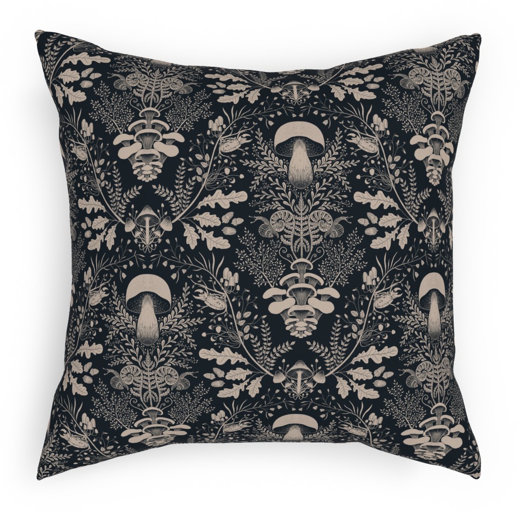 Mushroom Forest Damask - Dark Pillow, Woven, Beige, 18x18, Single Sided, Black