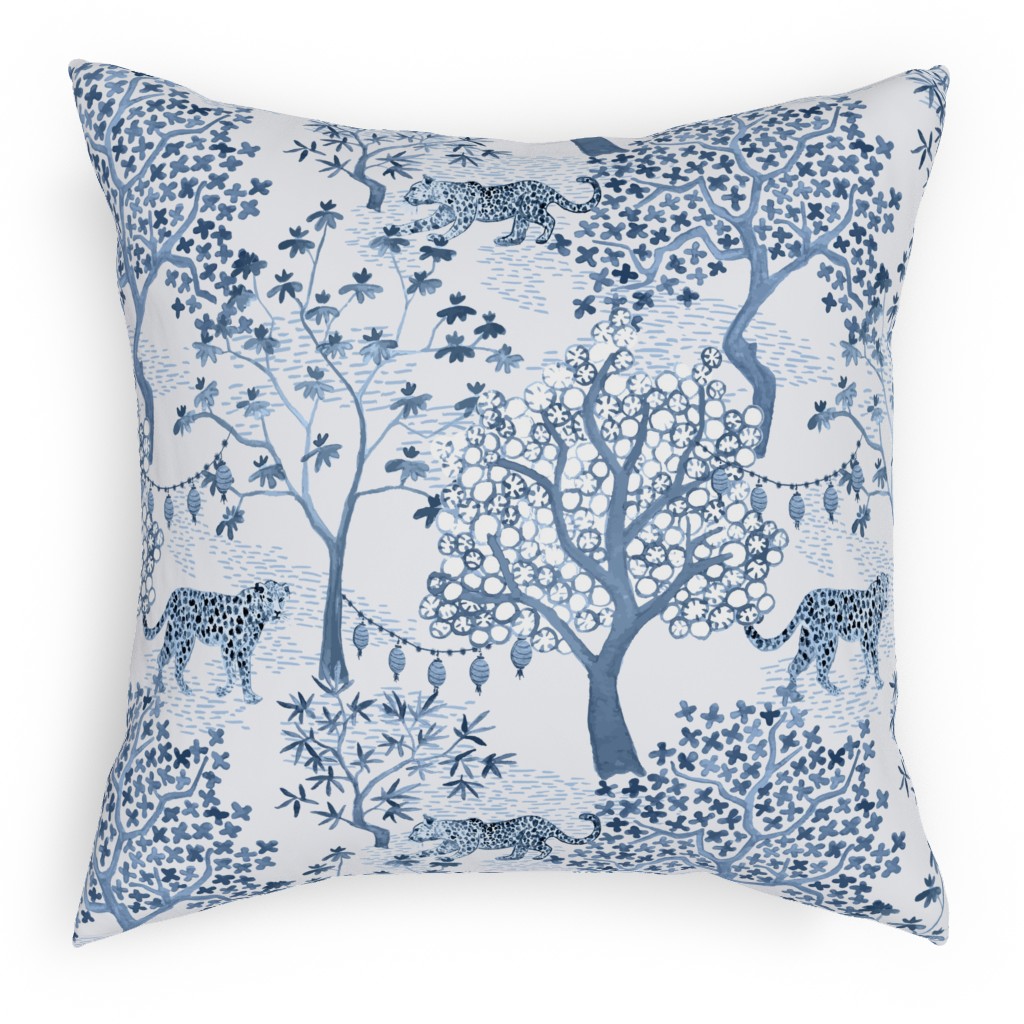 Leopard Toile With Lanterns Cornflower Pillow, Woven, Beige, 18x18, Single Sided, Blue