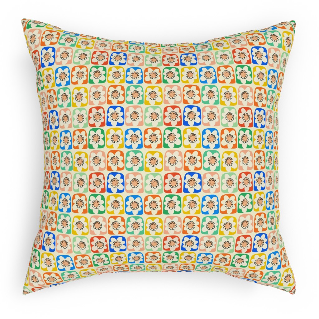 Abstract Retro Flower Doodle Squares - Multi Pillow, Woven, Beige, 18x18, Single Sided, Multicolor