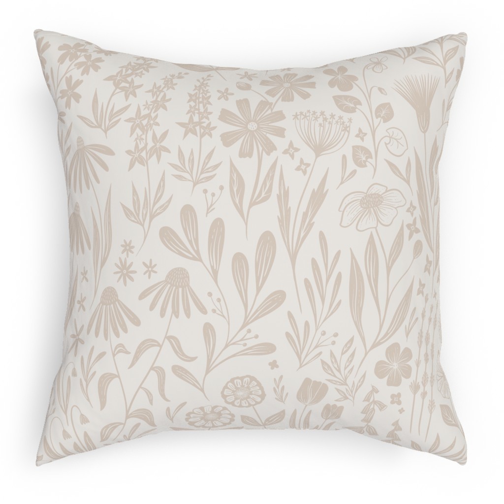 Wildflowers - Tan and Cream Pillow, Woven, Beige, 18x18, Single Sided, Beige, Pearl