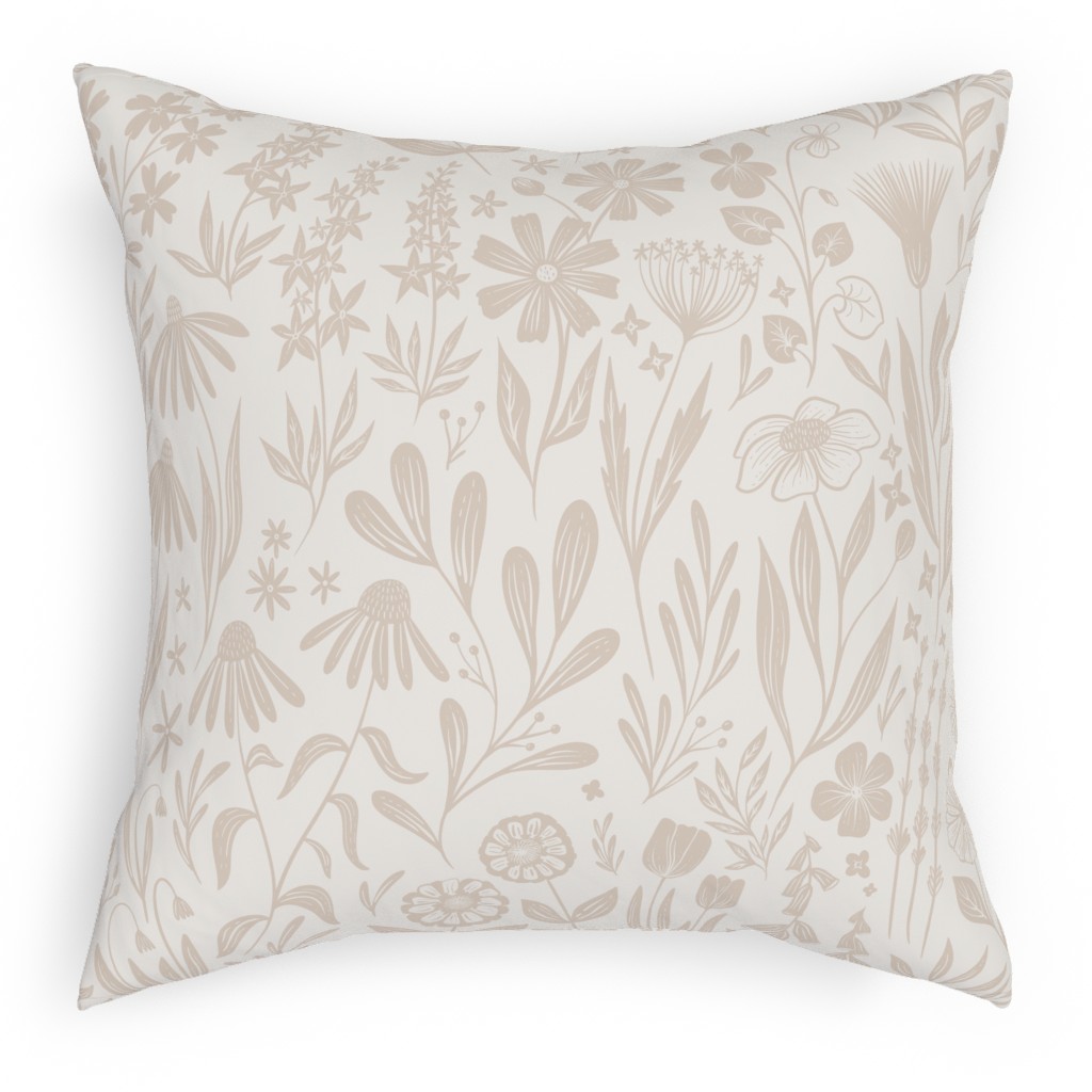 Wildflowers - Tan and Cream Pillow, Woven, Beige, 18x18, Single Sided, Beige