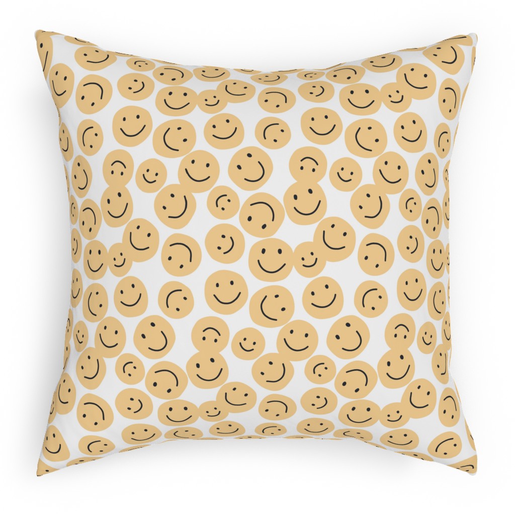Happy Smiley Faces - Yellow Pillow, Woven, Beige, 18x18, Single Sided, Yellow, Classic Yellow