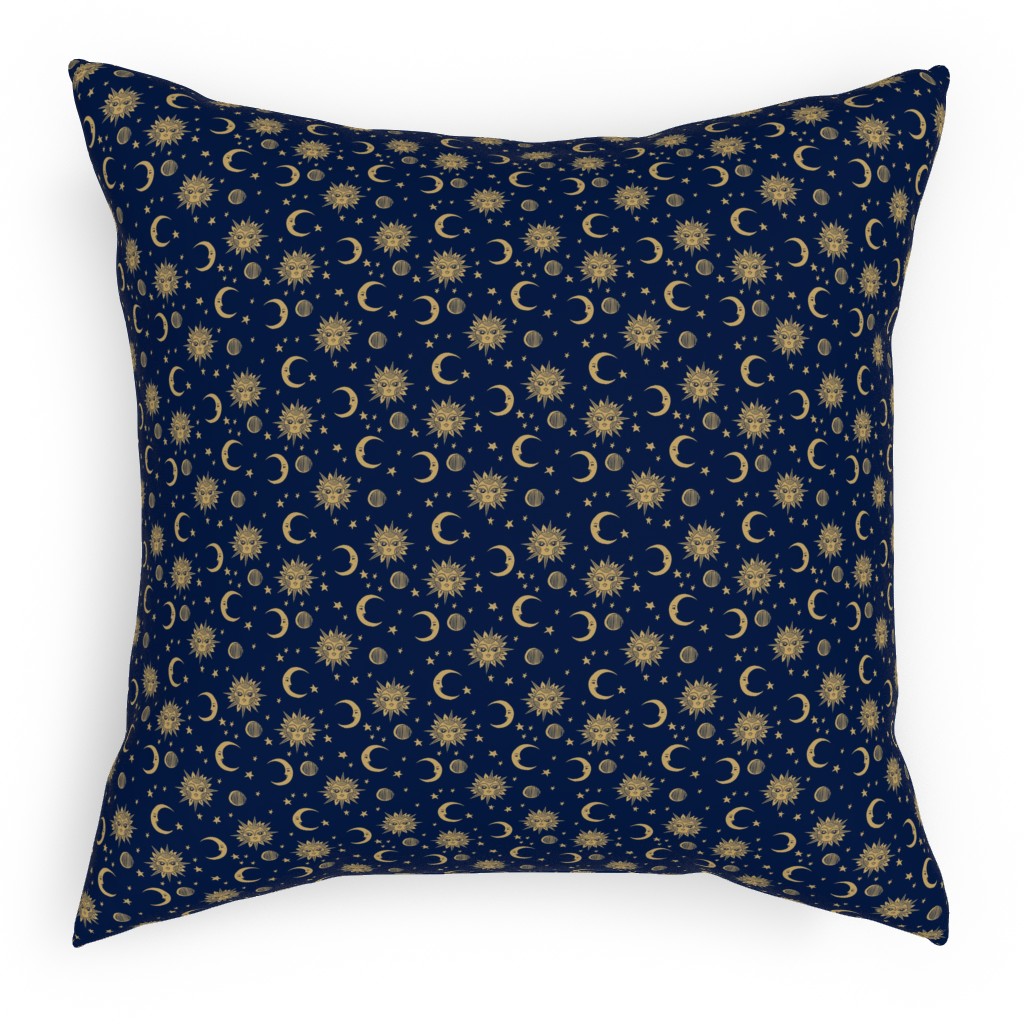 Sun Moon and Stars - Dark Pillow, Woven, Beige, 18x18, Single Sided, Blue, True Blue