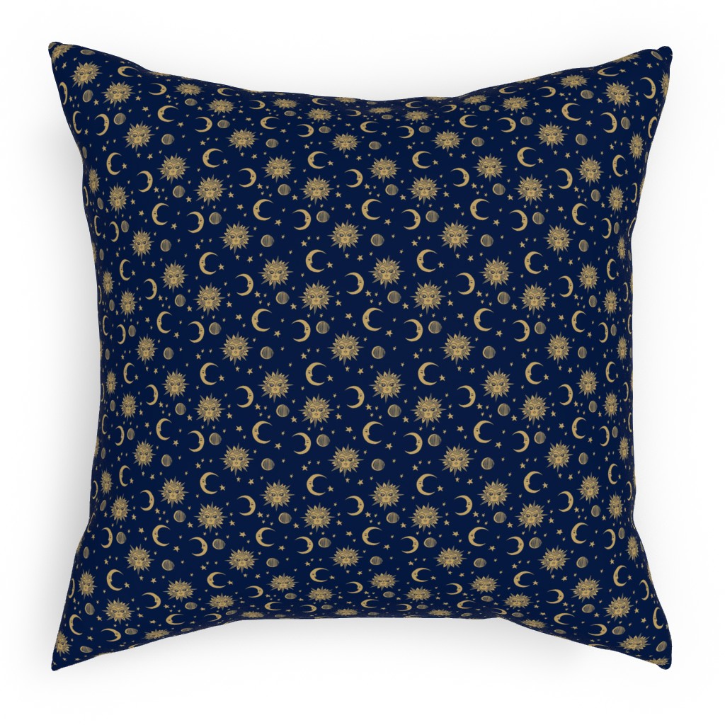 Sun Moon and Stars - Dark Pillow, Woven, Beige, 18x18, Single Sided, Blue