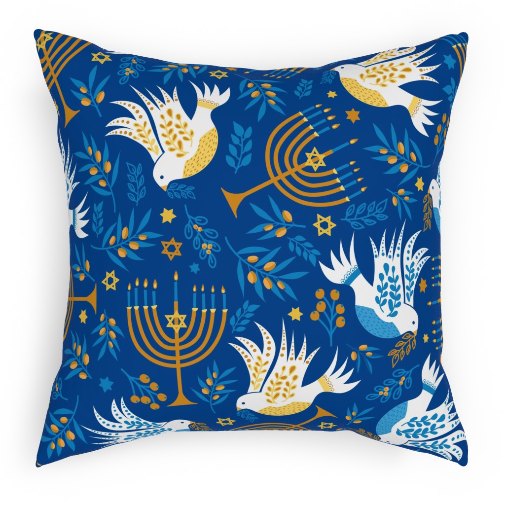 Hanukkah Birds Menorahs Pillow, Woven, Beige, 18x18, Single Sided, Blue, True Blue