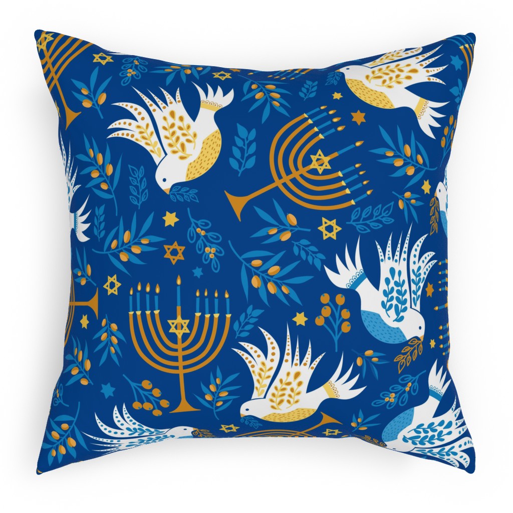 Hanukkah Birds Menorahs Pillow, Woven, Beige, 18x18, Single Sided, Blue