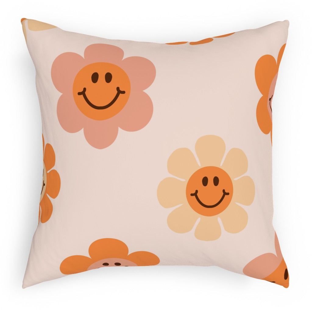 Smiley Floral - Orange Pillow, Woven, Beige, 18x18, Single Sided, Orange, Orange
