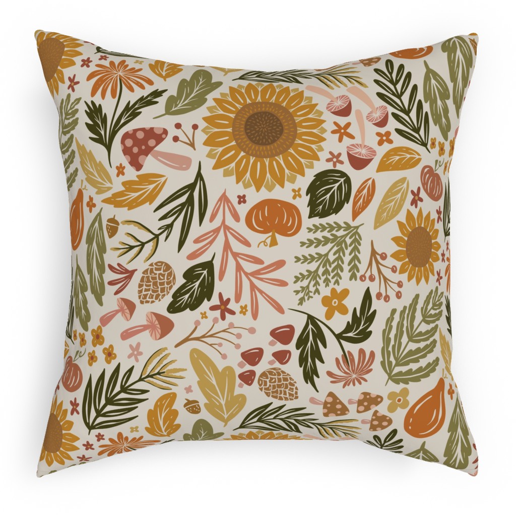 Autumn Botanicals - Leaves, Acorns, Sunflowers, Ferns, Mums, Pinecones, Mushrooms - Light Pillow, Woven, Beige, 18x18, Single Sided, Multicolor