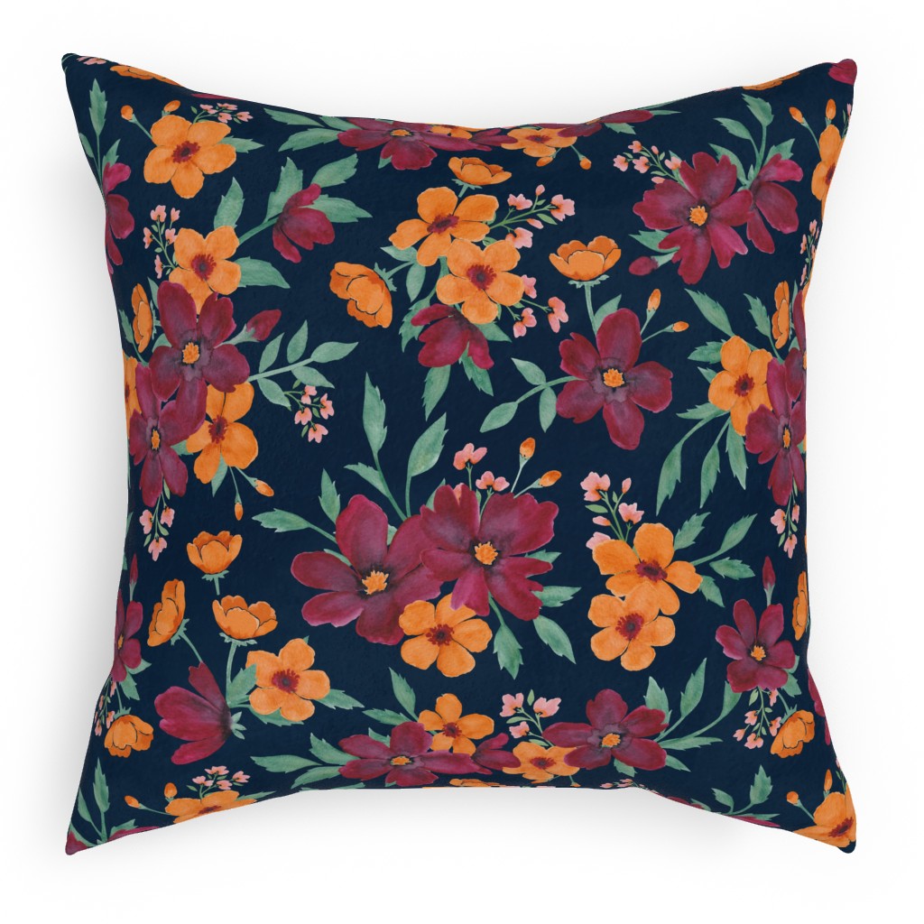 Watercolor Autumn Florals - Navy Pillow, Woven, Beige, 18x18, Single Sided, Multicolor