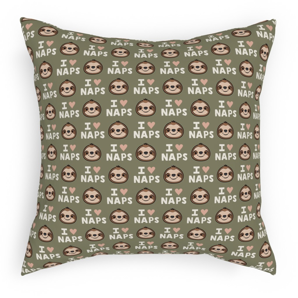 I Heart Naps - Cute Sloths - Olive Green Pillow, Woven, Beige, 18x18, Single Sided, Green