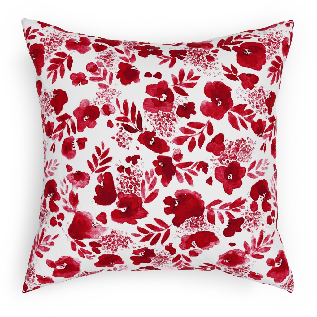 Floret Floral - Red Pillow, Woven, Beige, 18x18, Single Sided, Red