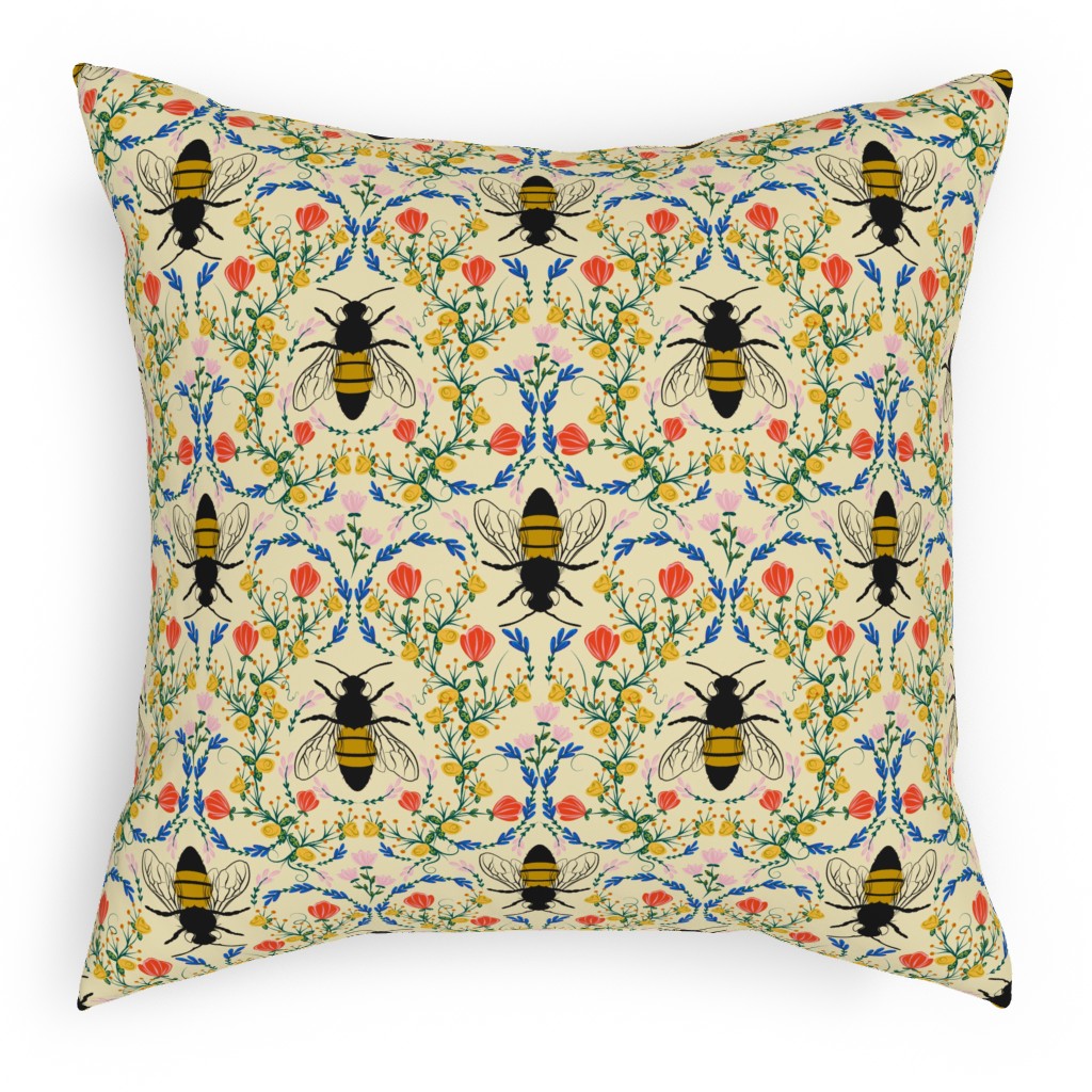 Bee Garden - Multi on Cream Pillow, Woven, Beige, 18x18, Single Sided, Yellow, Classic Yellow