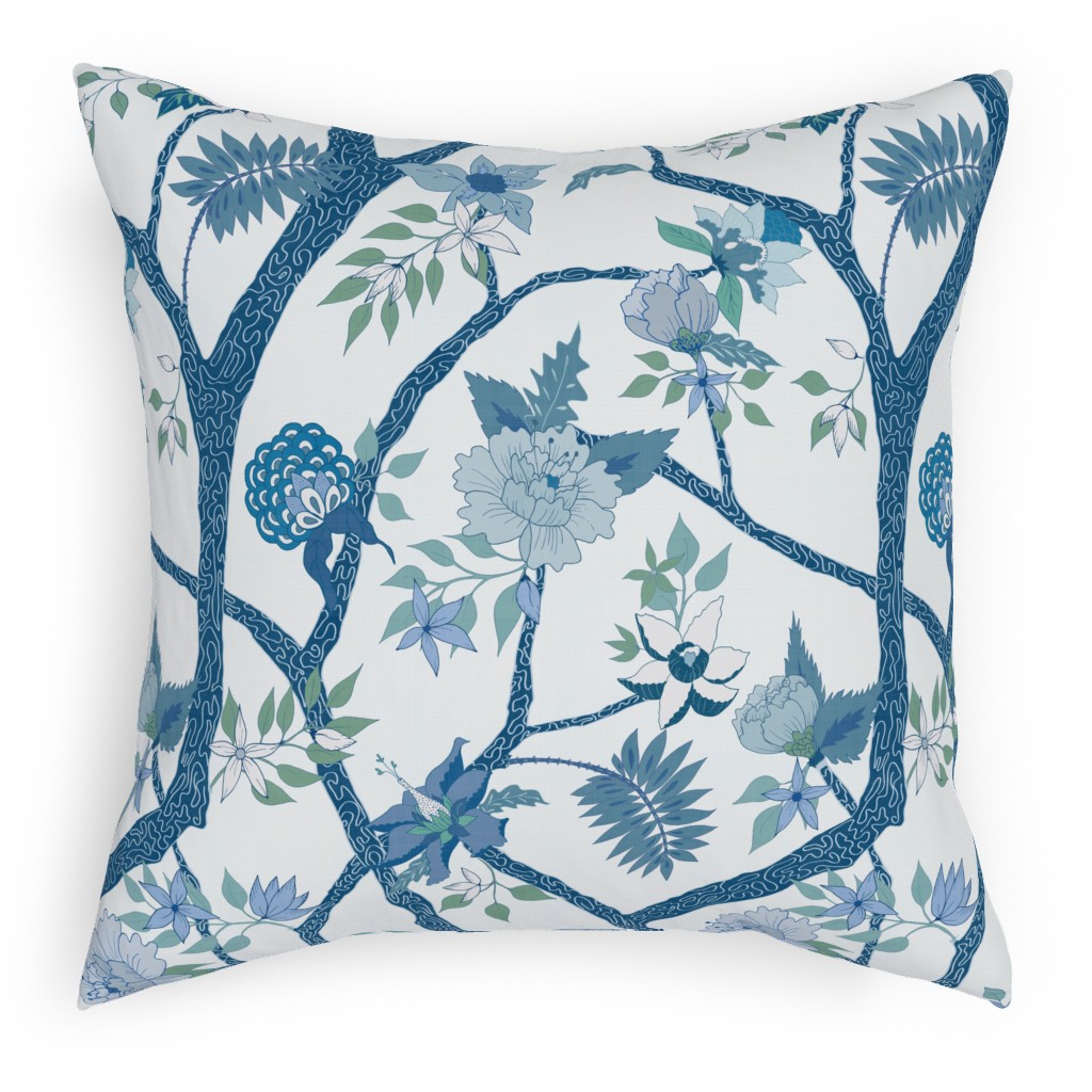 Peony Branch Mural - Blue and Green Pillow, Woven, Beige, 18x18, Single Sided, Blue, True Blue