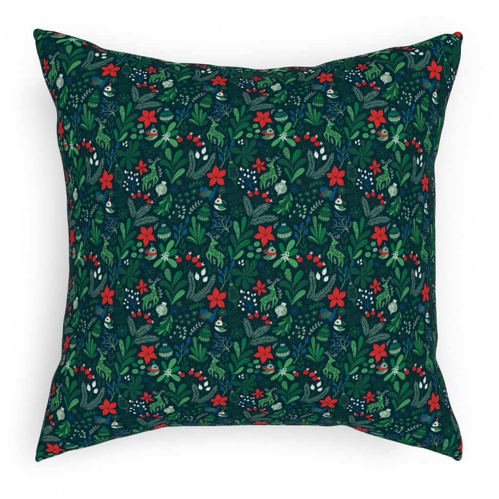 Merry Christmas Floral - Dark Pillow, Woven, Beige, 18x18, Single Sided, Green, Classic Green