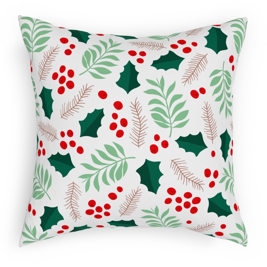 Botanical Christmas Garden Pine Leaves Holly Branch Berries - Green and Red Pillow, Woven, Beige, 18x18, Single Sided, Green