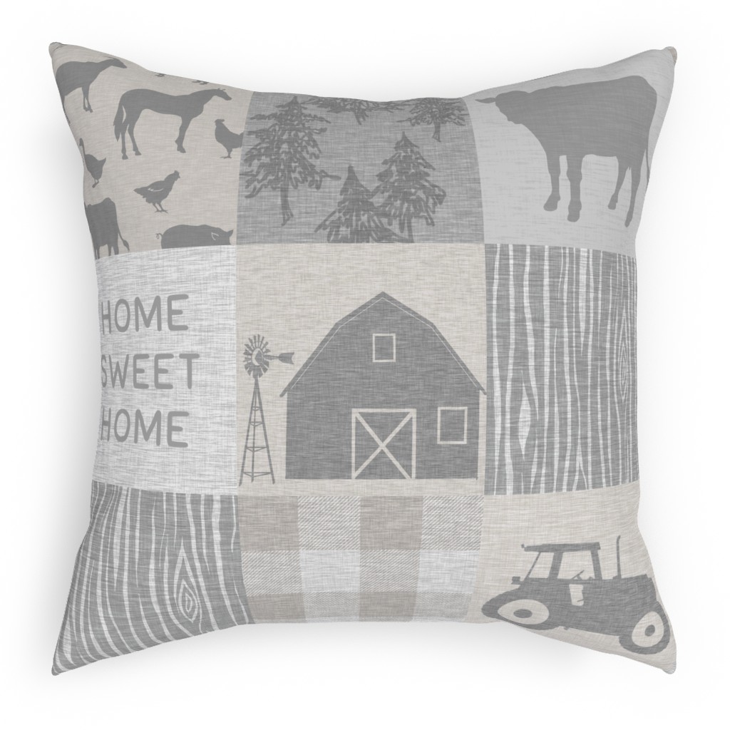 Home Sweet Home Farm - Grey and Cream Pillow, Woven, Beige, 18x18, Single Sided, Gray