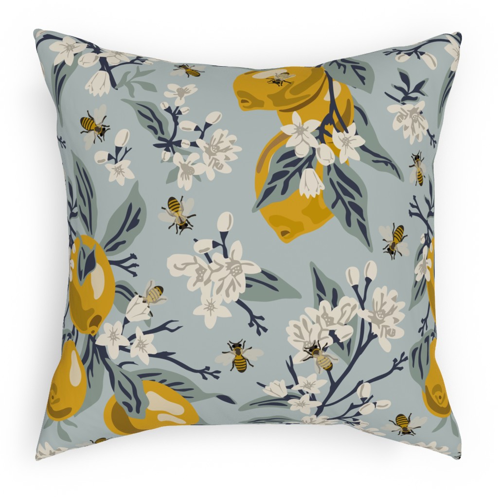 Bees & Lemons Pillow, Woven, Beige, 18x18, Single Sided, Blue, Celeste