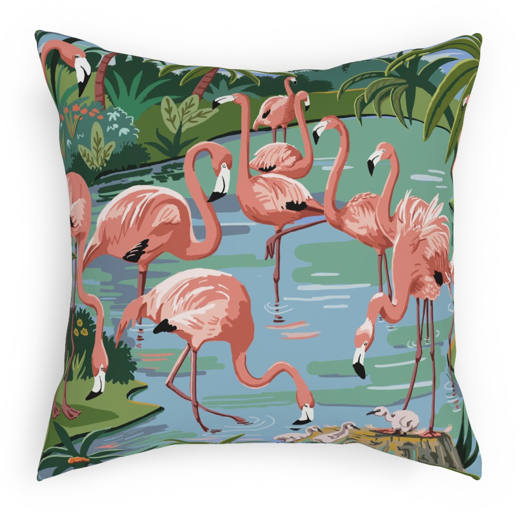 Flamingo Lagoon - Multicolor Pillow, Woven, Beige, 18x18, Single Sided, Multicolor