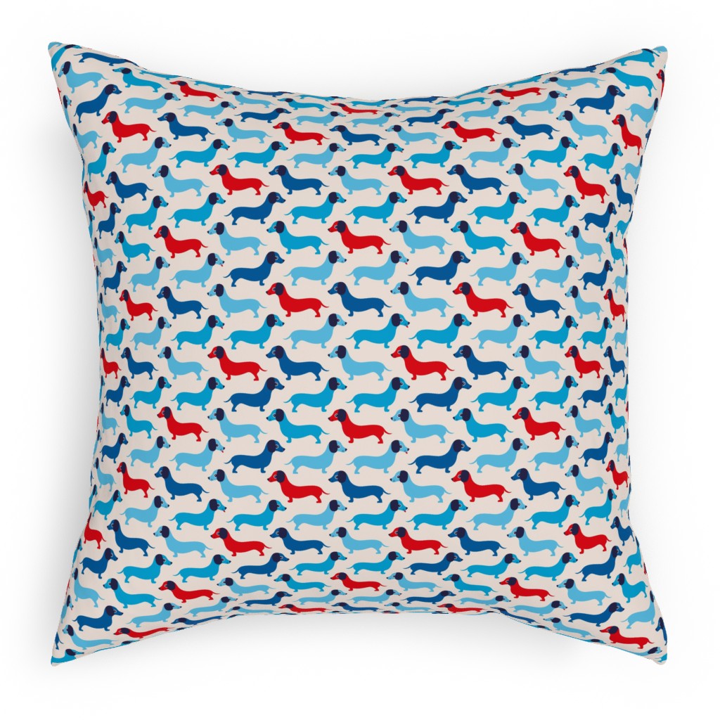 Retro Dachshund Dogs Pillow, Woven, Beige, 18x18, Single Sided, Blue