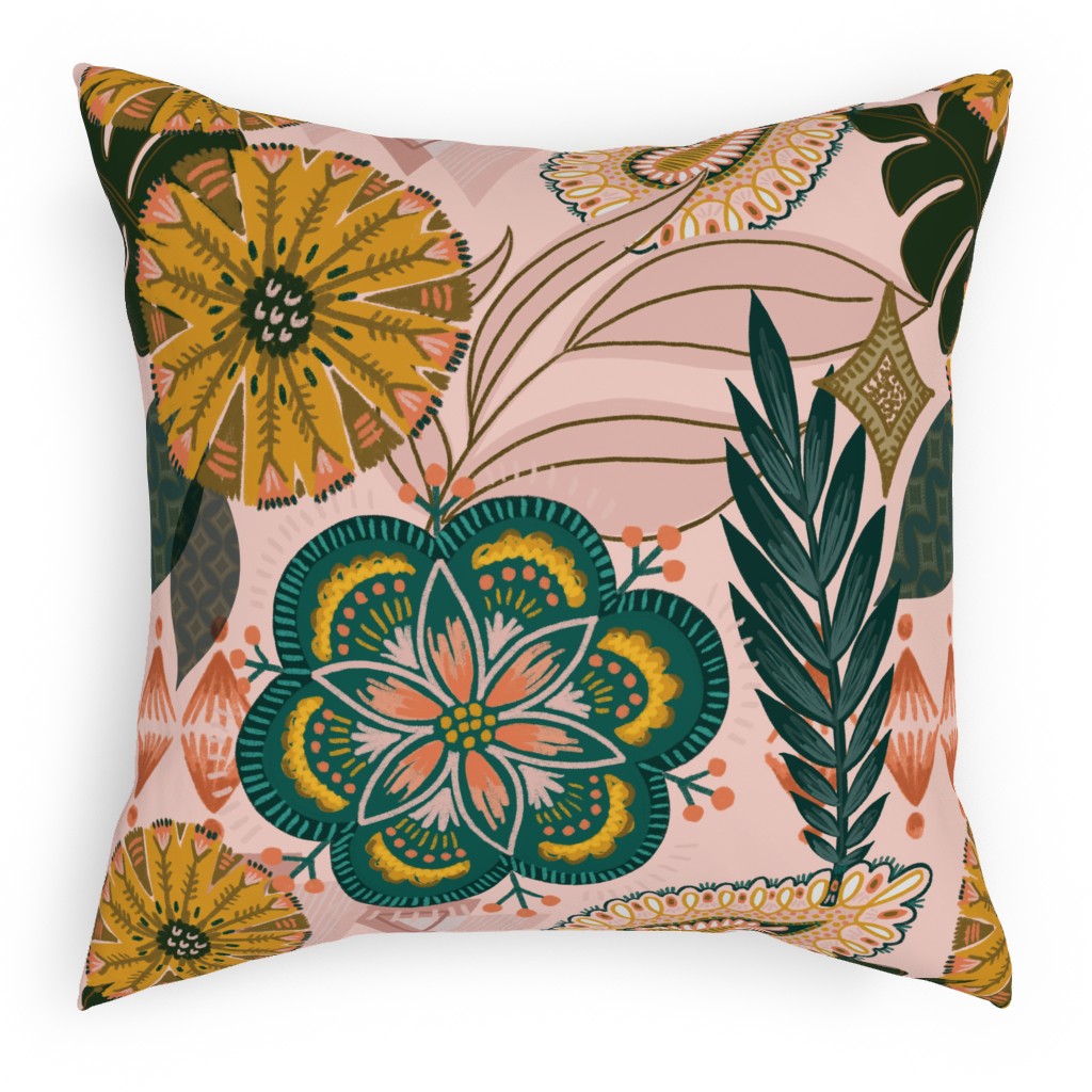 Boho Tropical - Floral - Pink Pillow, Woven, Beige, 18x18, Single Sided, Multicolor