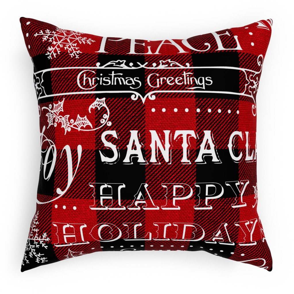 Buffalo Plaid Christmas Typography - Red and Black Pillow, Woven, Beige, 18x18, Single Sided, Red