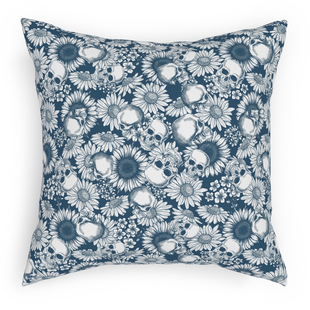 Floral Skull - Blue Pillow, Woven, Beige, 18x18, Single Sided, Blue