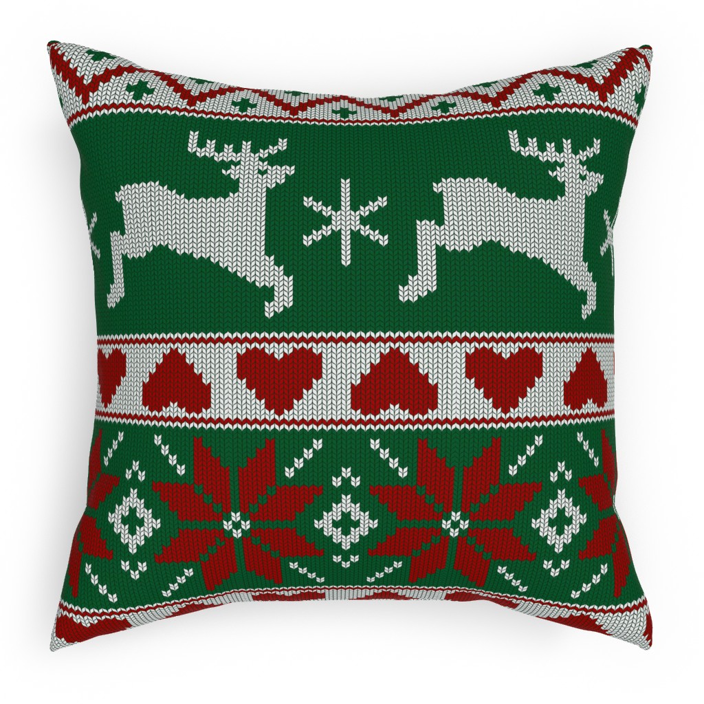Christmas Knit - Green and Red Pillow, Woven, Beige, 18x18, Single Sided, Multicolor