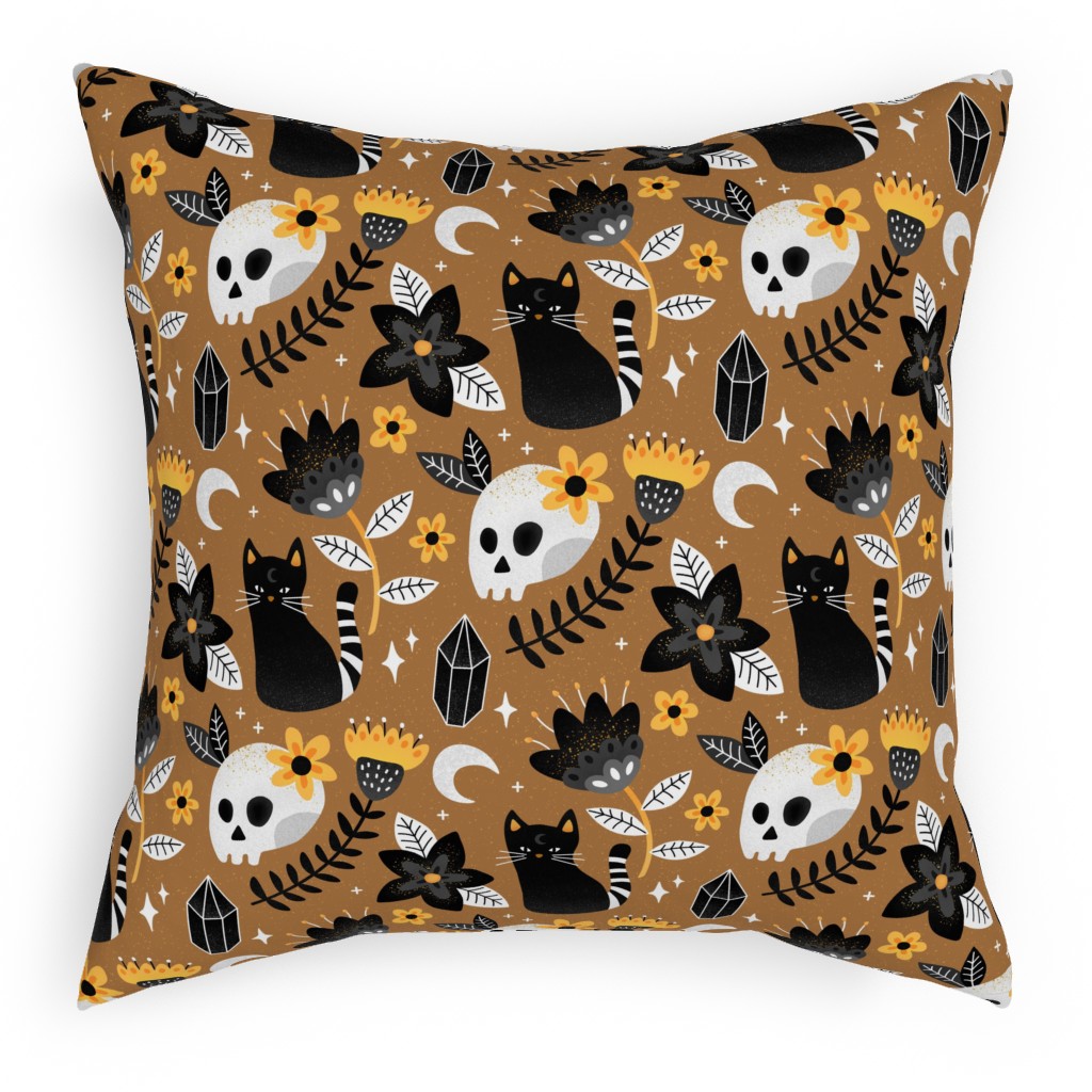 Black Cat & Floral Skull Pillow, Woven, Beige, 18x18, Single Sided, Brown, Brown