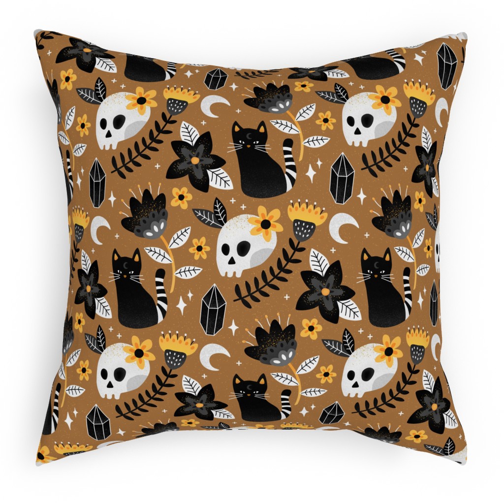 Black Cat & Floral Skull Pillow, Woven, Beige, 18x18, Single Sided, Brown