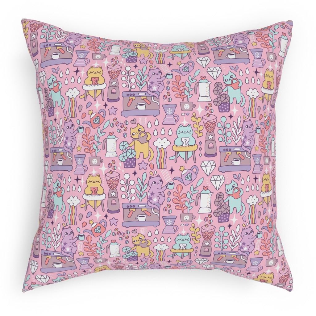 Cute Cats - Multicolor Pastel Pillow, Woven, Beige, 18x18, Single Sided, Pink