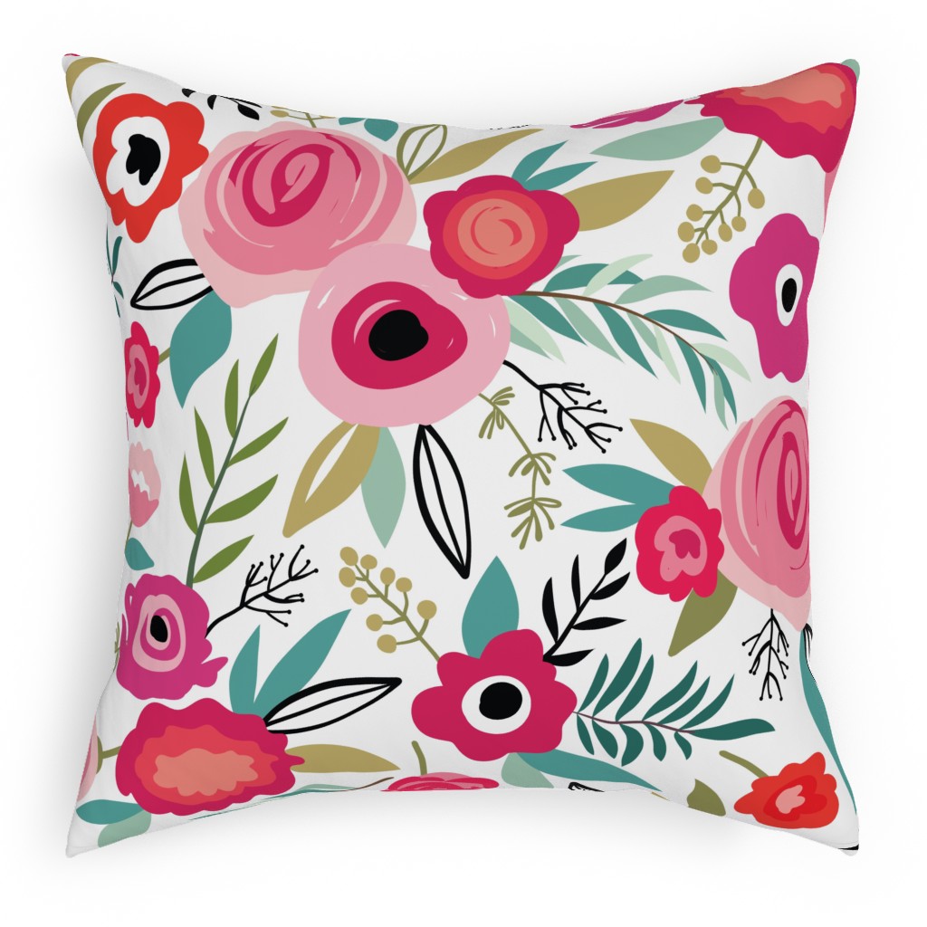 Maypole Floral - Pink Pillow, Woven, Black, 18x18, Single Sided, Pink