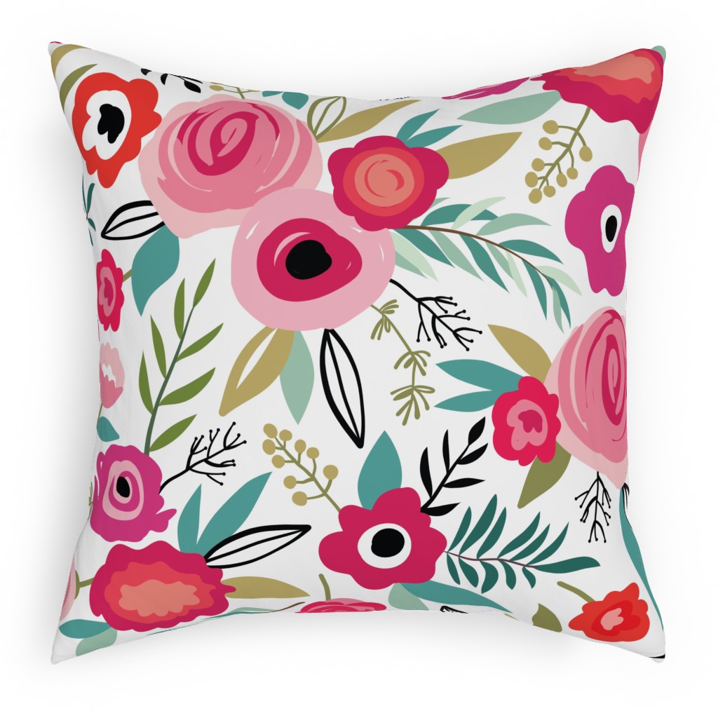Maypole Floral - Pink Pillow, Woven, Black, 18x18, Single Sided, Pink, Bright Pink