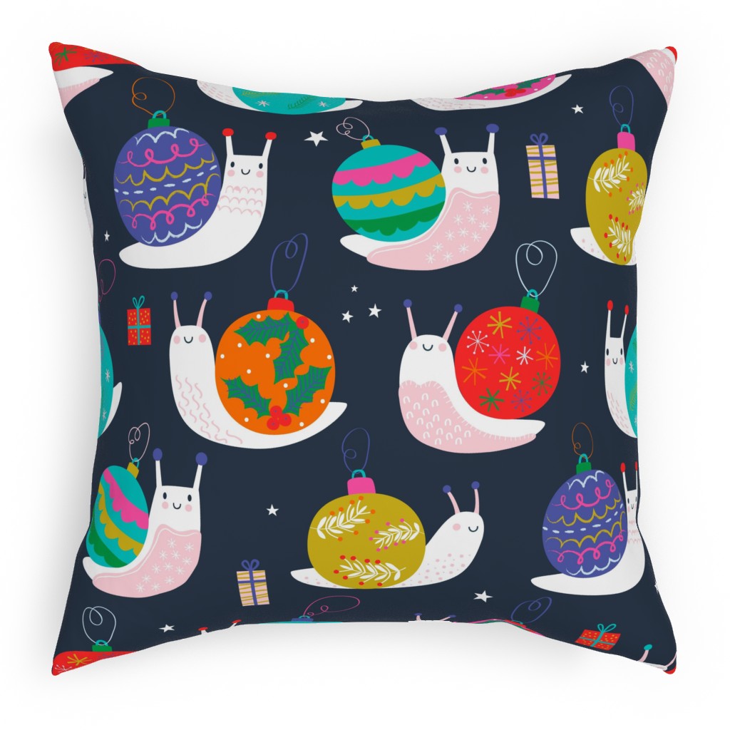 Christmas Bauble Snails - Navy Pillow, Woven, Black, 18x18, Single Sided, Multicolor
