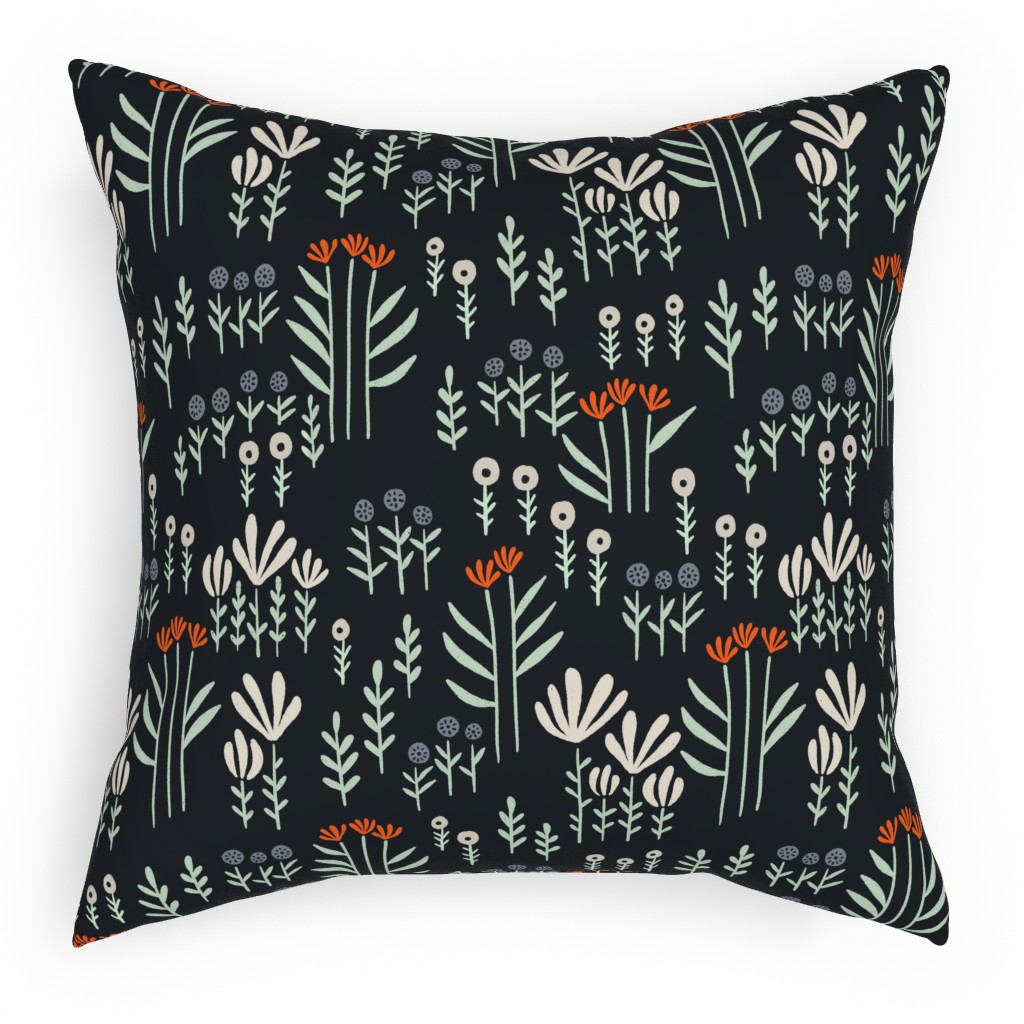 Delicate Floral - Orange and White Pillow, Woven, Black, 18x18, Single Sided, Black, Black