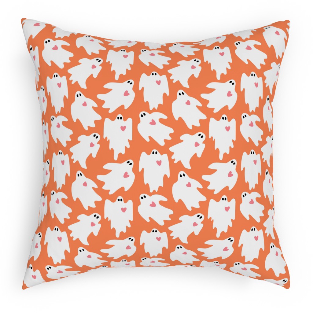 Halloween Ghosts With Hearts - Orange Pillow, Woven, Black, 18x18, Single Sided, Orange