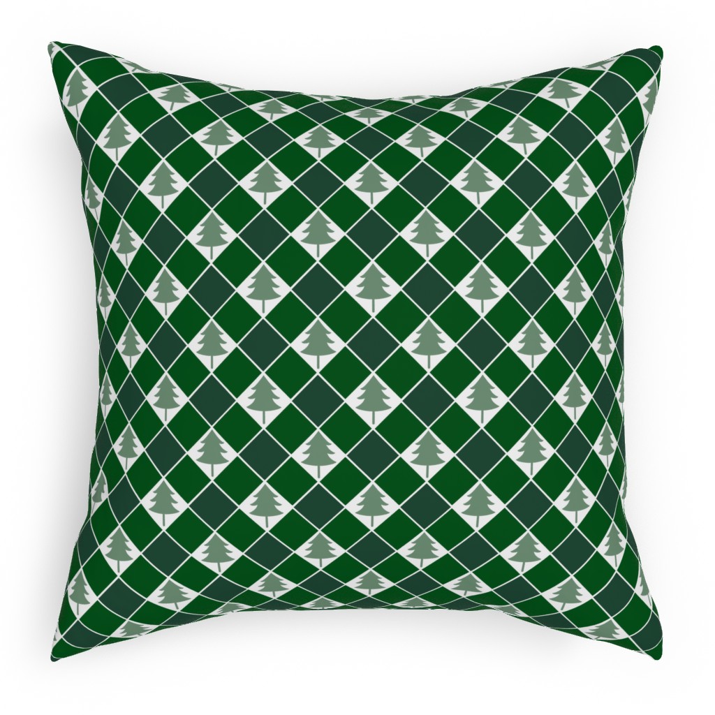 Christmas Tree Checkers - Green Pillow, Woven, Black, 18x18, Single Sided, Green, Classic Green