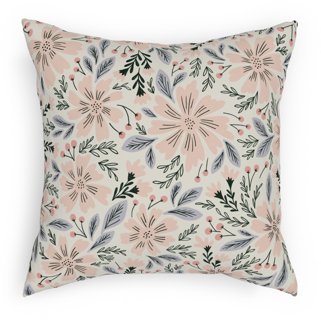 Flora - Pink Pillow, Woven, Black, 18x18, Single Sided, Pink