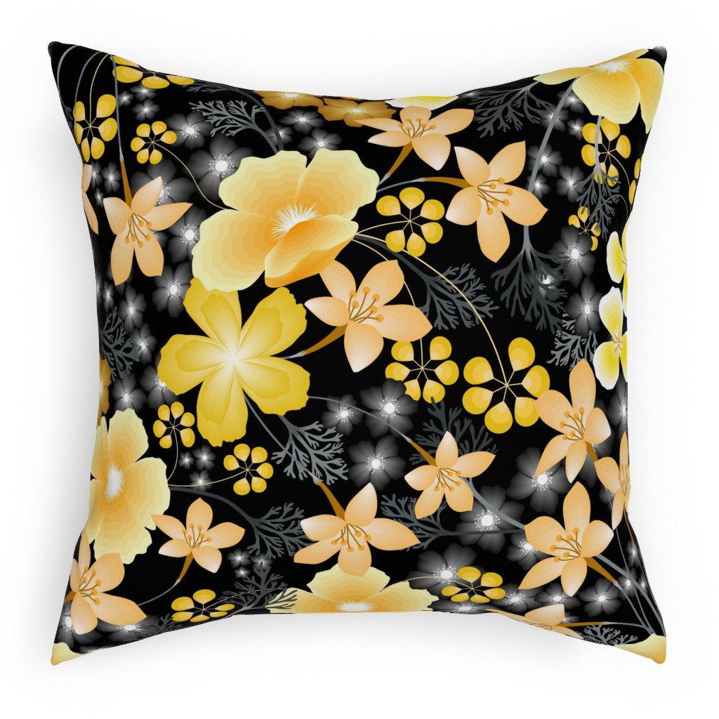 Thicket Floral - Yellow Pillow, Woven, Black, 18x18, Single Sided, Yellow