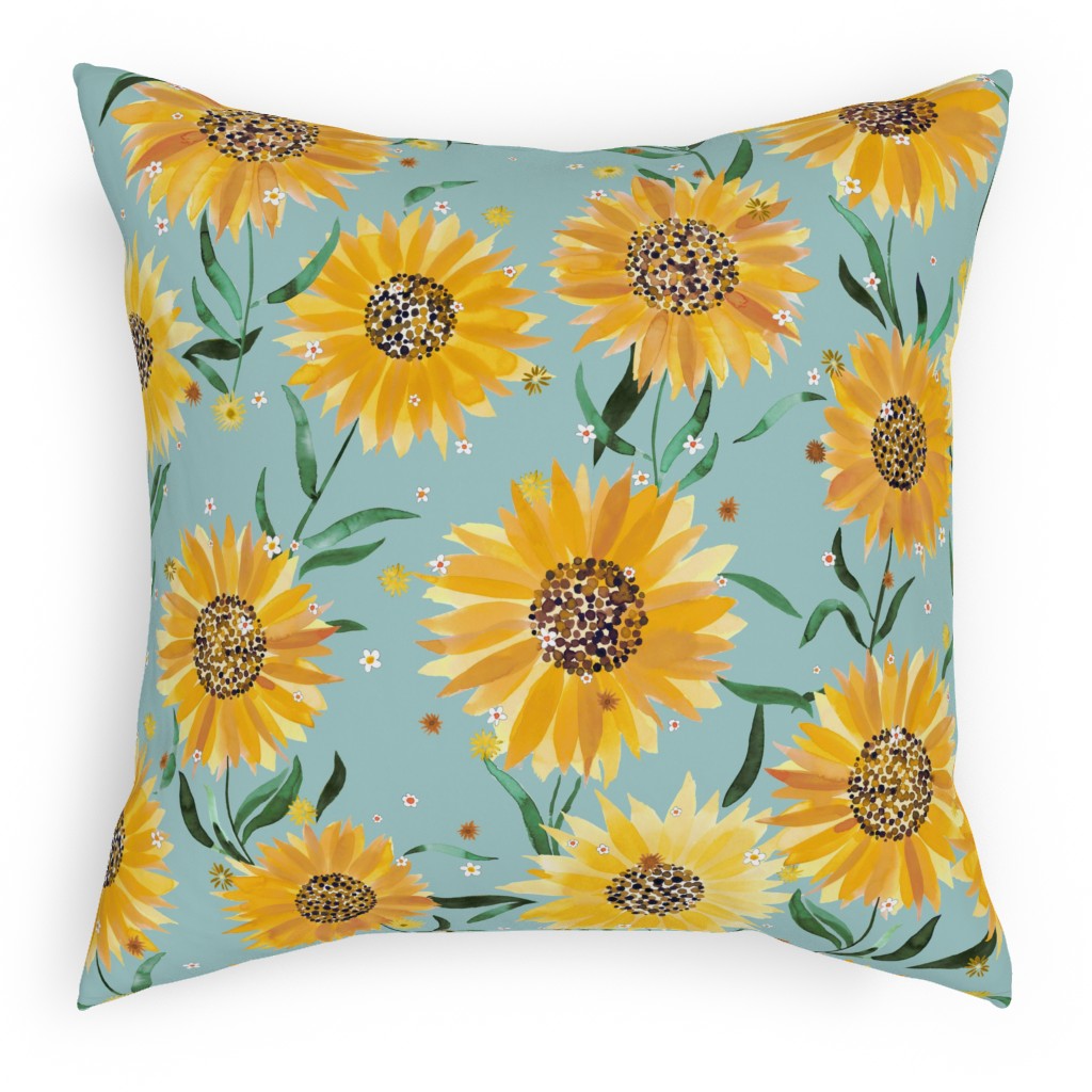 Watercolor Sunflowers - Yellow on Blue Pillow, Woven, Black, 18x18, Single Sided, Yellow