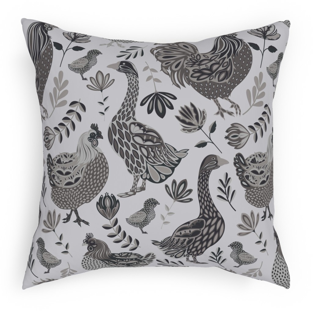 French Farm Birds - Greyscale Pillow, Woven, Black, 18x18, Single Sided, Gray