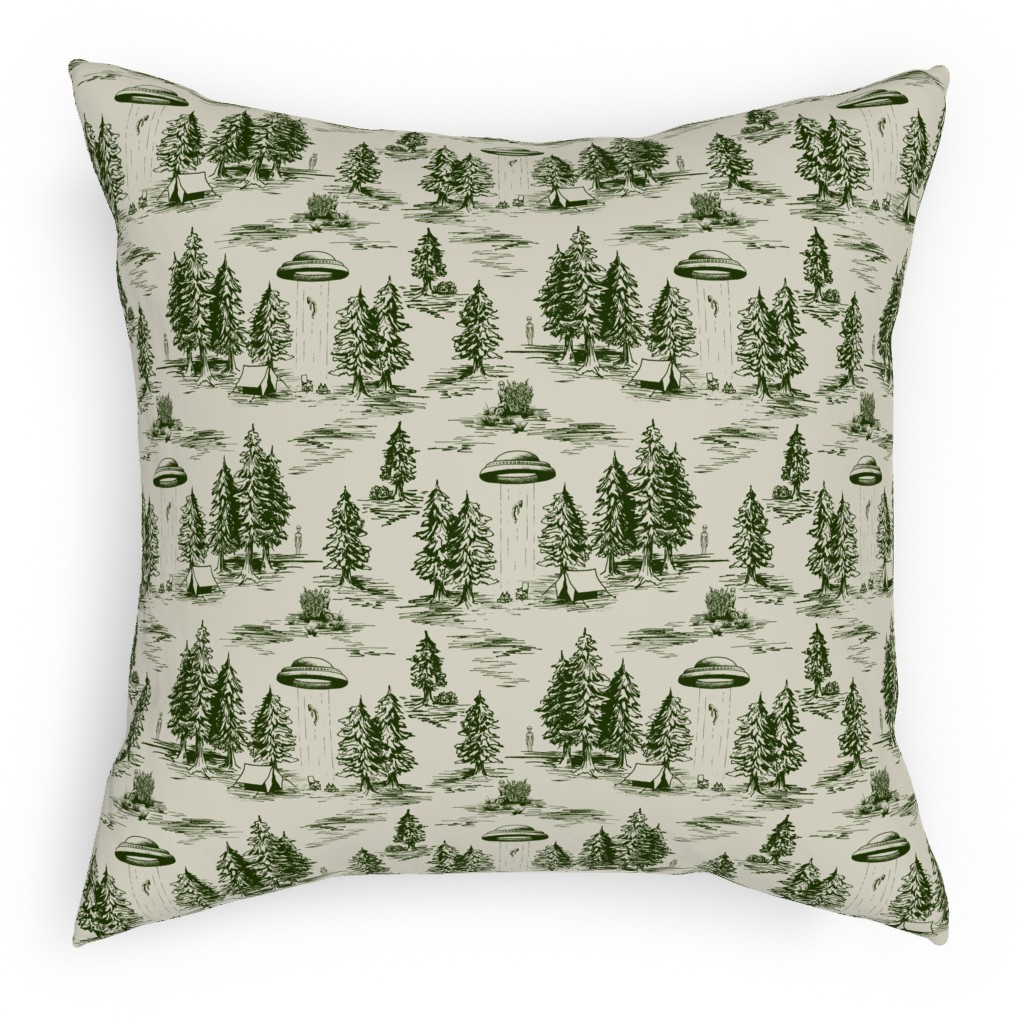 Alien Abduction Toile De Jouy - Forest Green & Cream Pillow, Woven, Black, 18x18, Single Sided, Green